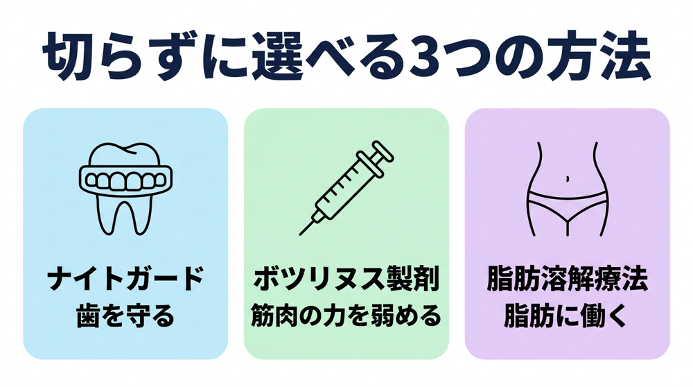切らずに選べる方法として、歯を守るナイトガード、筋肉の力を弱めるボツリヌストキシン製剤療法、脂肪に働く脂肪溶解療法の3つを示した図