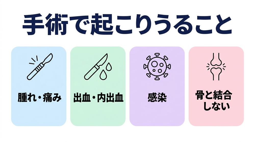 インプラントの手術に伴って起こりうることとして、腫れや痛み・出血や内出血・感染・骨と結合しない場合の4つを示した図