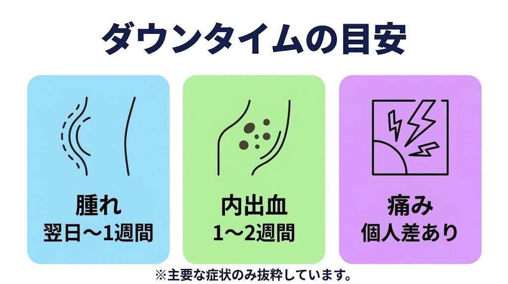 ダウンタイムの目安として腫れは翌日〜1週間、内出血は1〜2週間、痛みには個人差があることを示した図